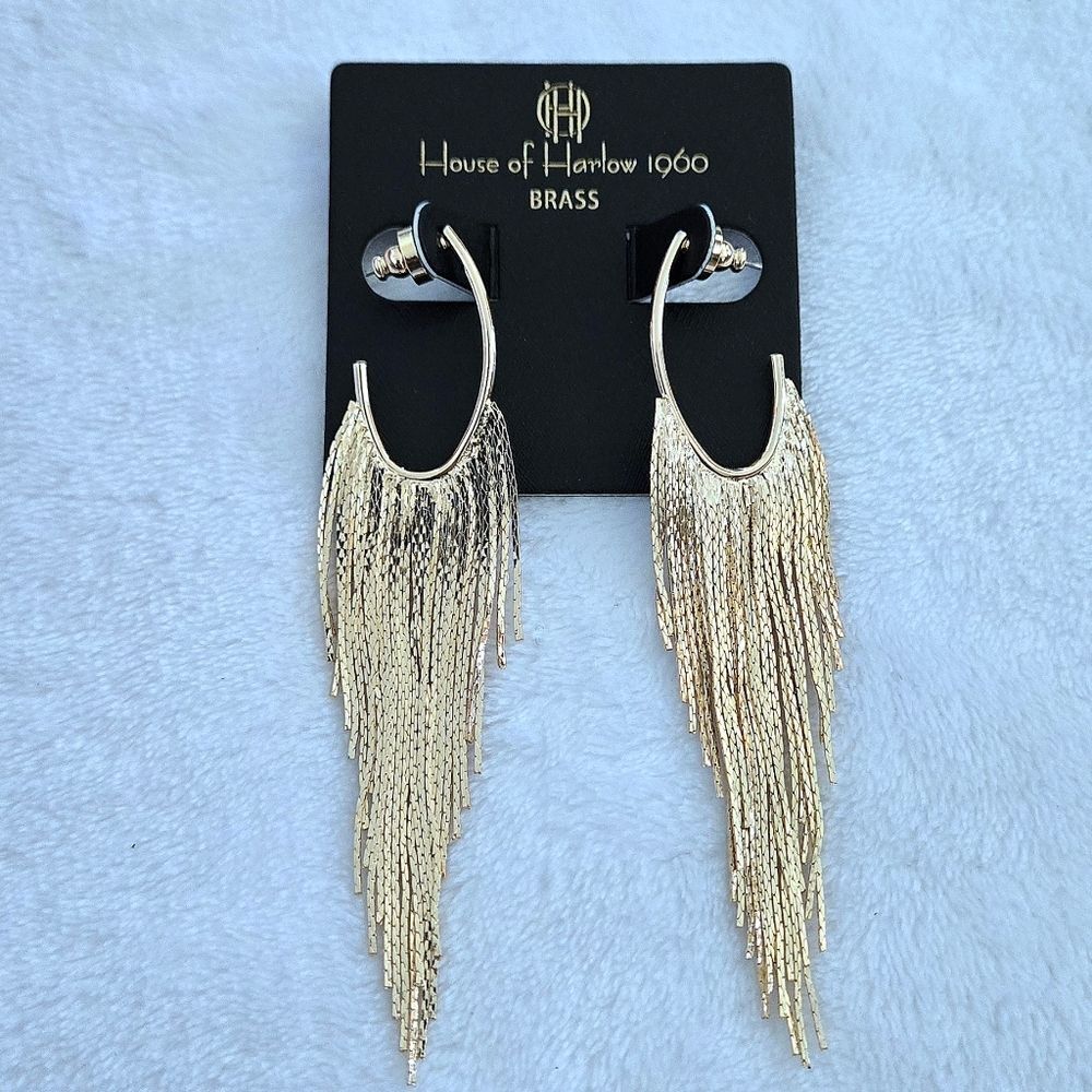 House🏠 of Harlow 1960 Dangling Gold💛 Cobra🐍 Chain⛓ Tassels Earrings - Picture 9 of 15
